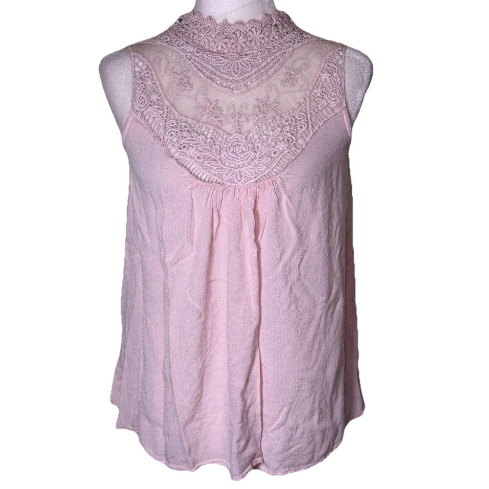 Women Pink Crochet Lace High Neck Tank Flowy‎ Fairy Balletcore Romantic Size Med